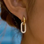 Gold Huggie Hoop Earrings Pave Diamond Link