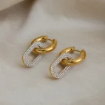 Gold Huggie Hoop Earrings Pave Diamond Link