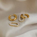 Gold Huggie Hoop Earrings Pave Diamond Link