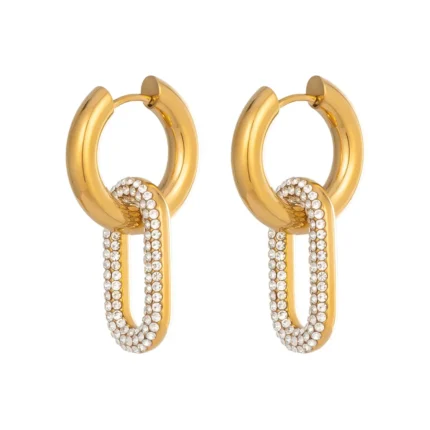 Gold Huggie Hoop Earrings Pave Diamond Link