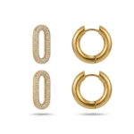 Gold Huggie Hoop Earrings Pave Diamond Link