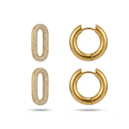 Gold Huggie Hoop Earrings Pave Diamond Link