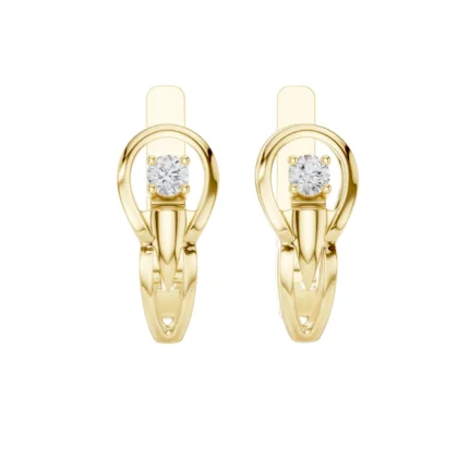 Solitaire Diamond Loop Huggie Earrings in yellow gold with sculpted layered hoop