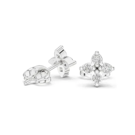 Four Petal Diamond Flower Stud Earrings in yellow gold with beaded center